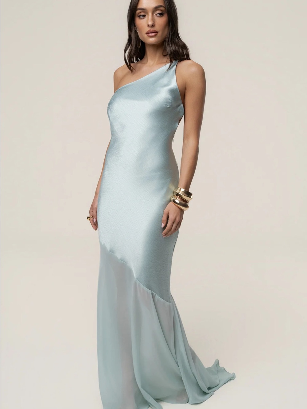 JLUXLABEL One-Shoulder Light Blue Satin & Chiffon Gown